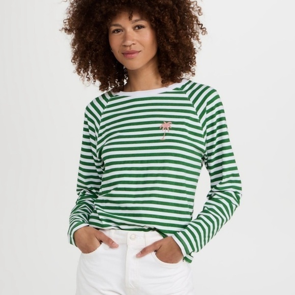 South Parade Lenny Palm Tree Green and White Stripe Long Sleeve Top Size S - Picture 1 of 10